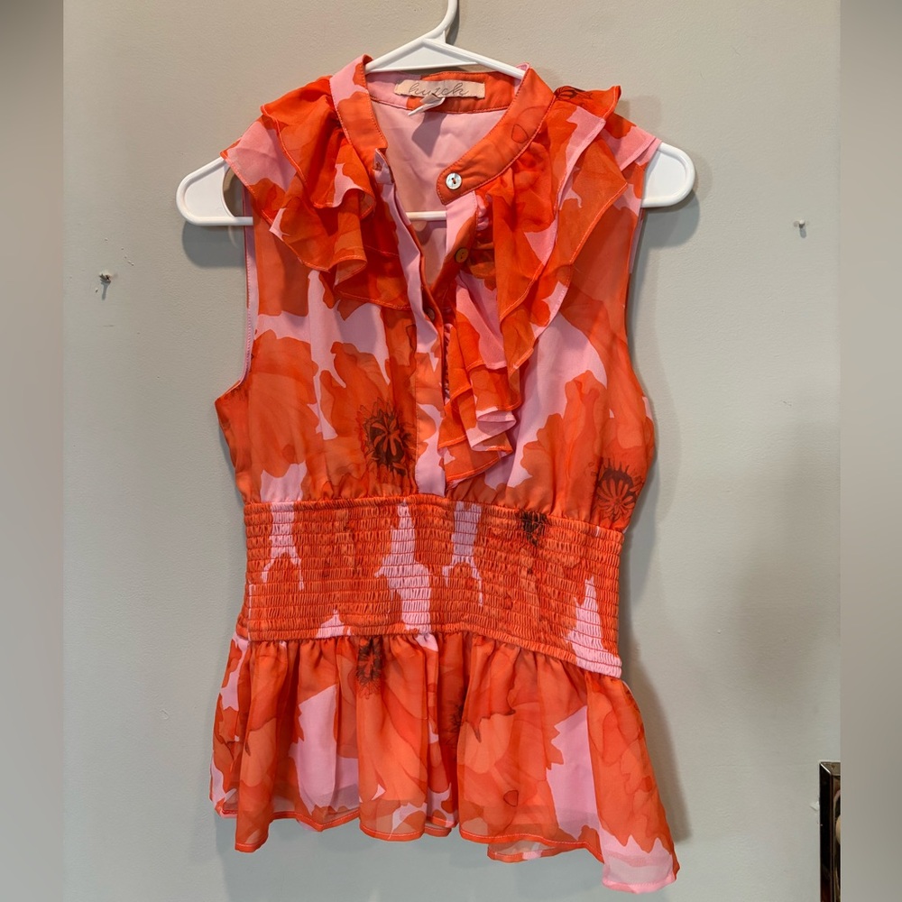 Hutch Vibrant Floral Ruffle Blouse - Orange and Pink